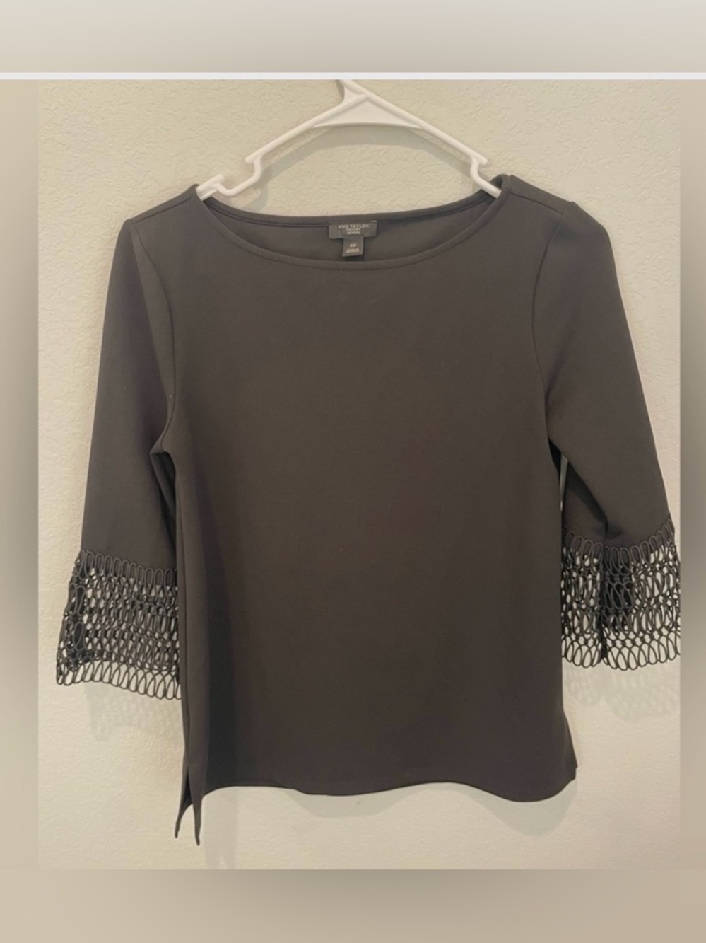 Ann Taylor XS Petite Black Blouse Lace Sleeve Top Work Office Chic